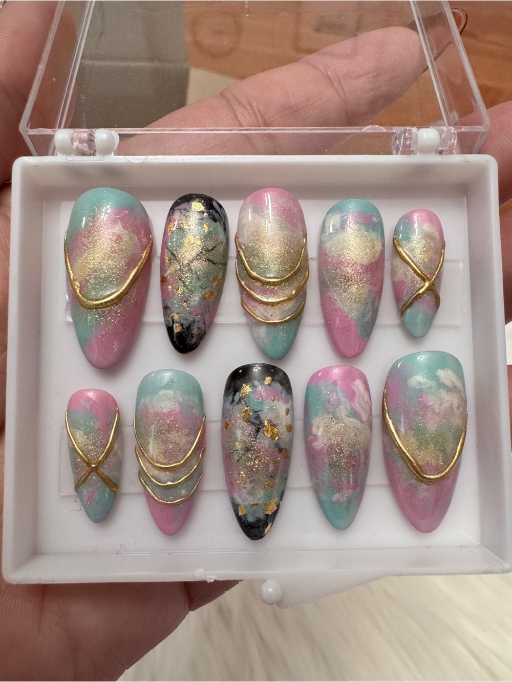 Press-On Nail Set in Pink & Teal with Gold Accents